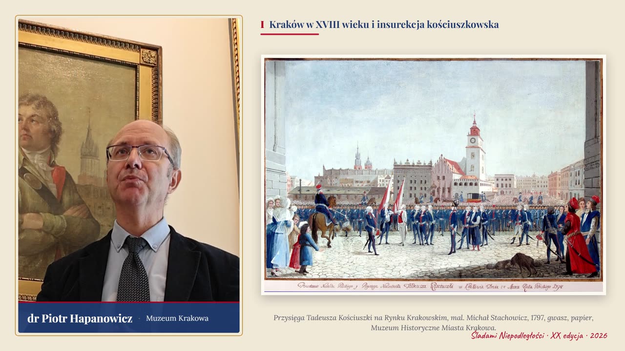 Dr Piotr Hapanowicz podczas wykładu, obok obraz z przysięgą Kościuszki na krakowskim Rynku