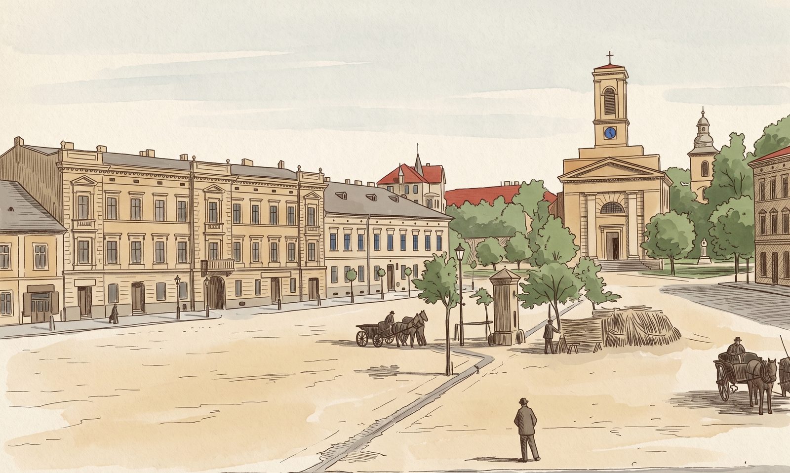 Rysunkowa ilustracja Rynku Podgórskiego w XIX wieku: po lewej pierzeja klasycystycznych kamienic z latarniami i przechodniami, po prawej wolno stojący kościół z trójkątnym szczytem i wieżą z zegarem, przed nim drzewa i słup ogłoszeniowy, na środku pustego placu furmanki, stos chrustu i samotny przechodzień.