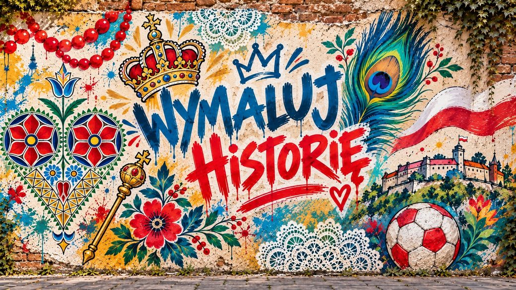 Malowana ściana z hasłem „Wymaluj historię”: korona, ludowe kwiaty, pawie pióro
                i Wawel na wzgórzu